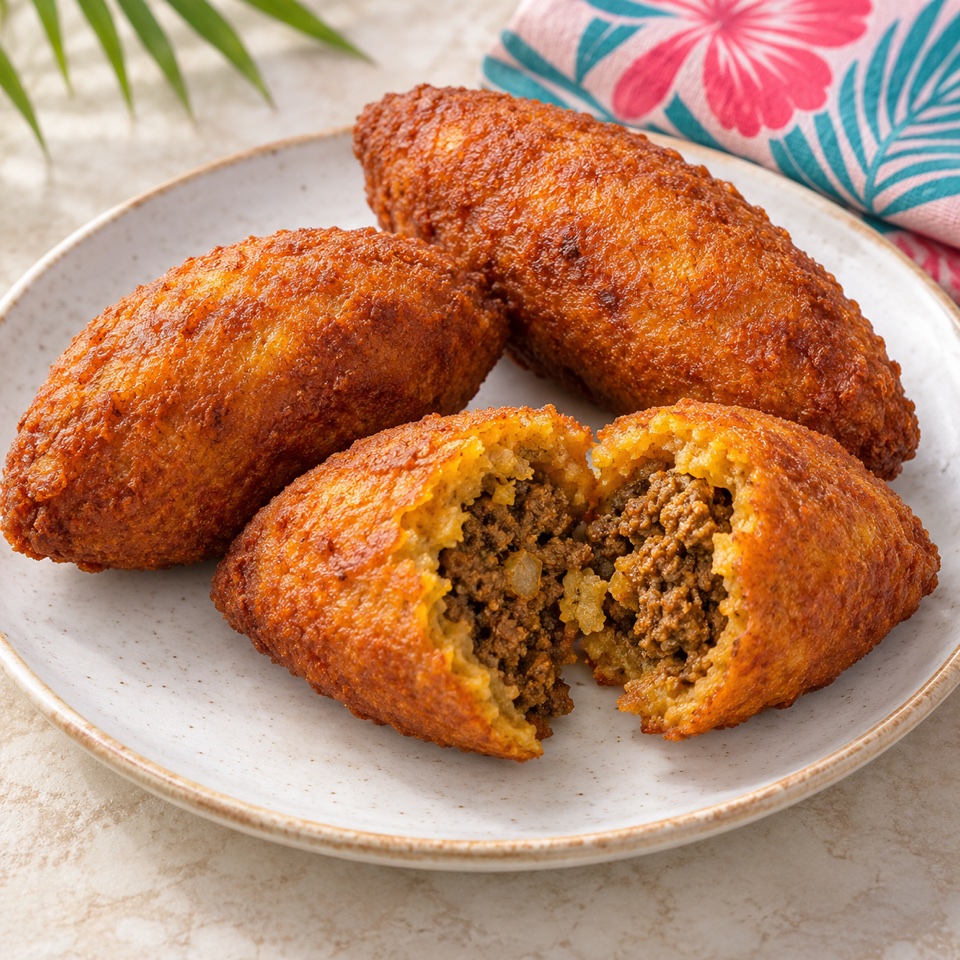 Beef alcapurrias, one cut open to show its filling