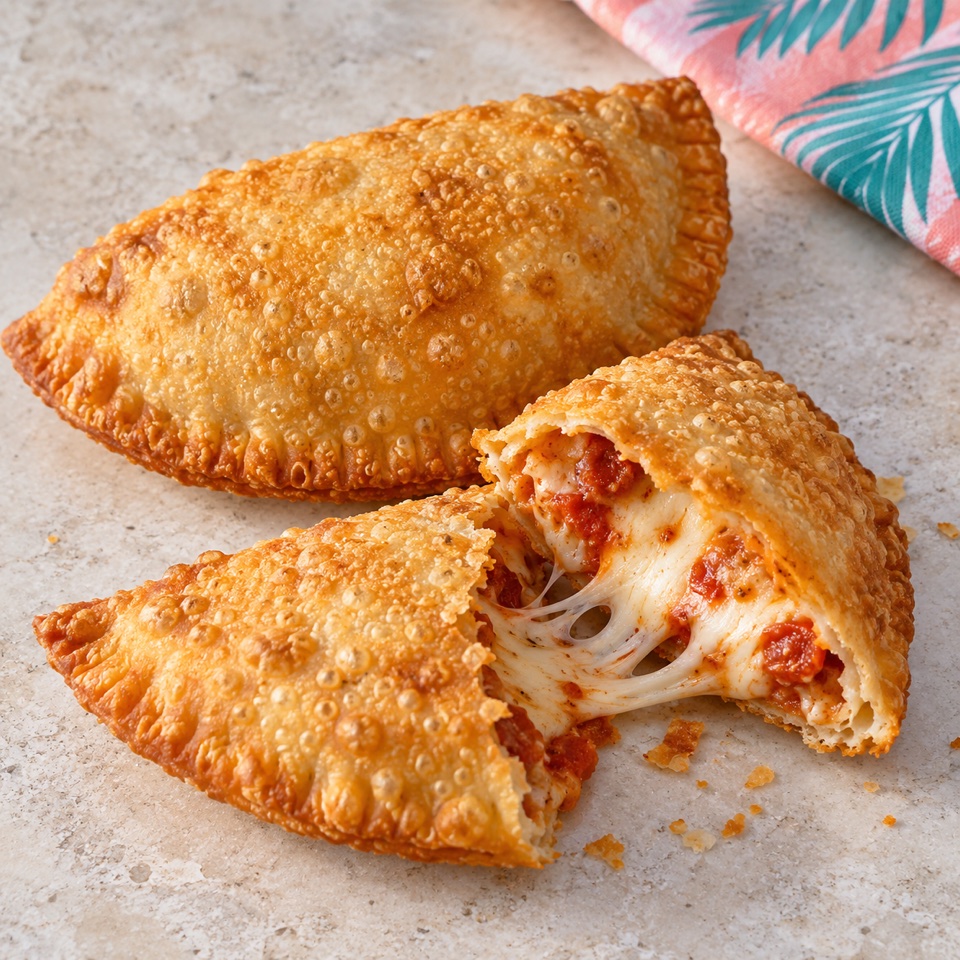 Puerto Rican pizza empanadilla with melted cheese