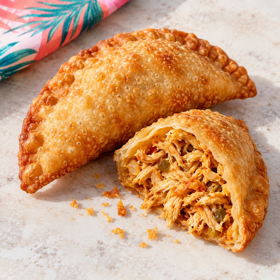 Puerto Rican chicken empanadilla cut open to show its filling