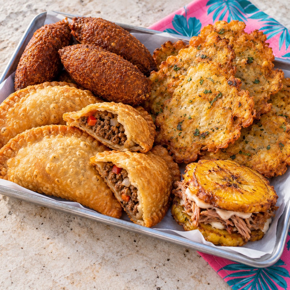 Puerto Rican fritter tray with empanadillas, alcapurrias, bacalaítos and a jíbarito