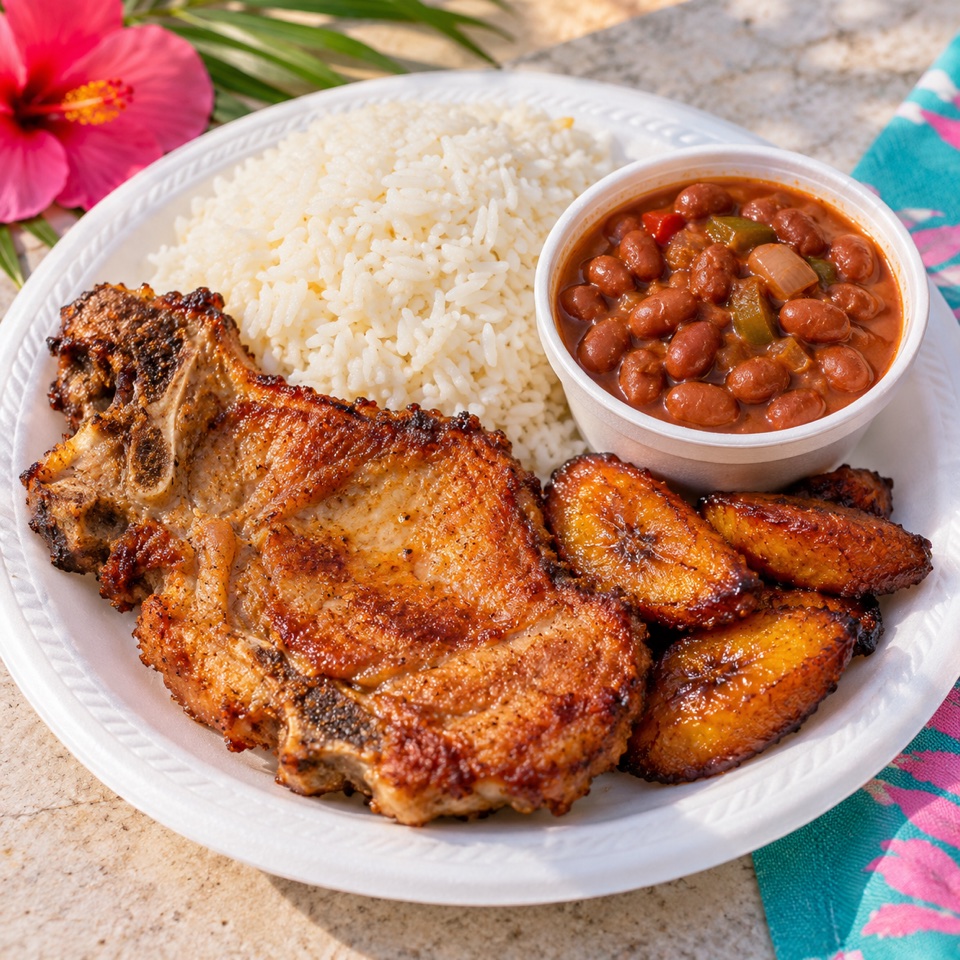 Puerto Rican plate with white rice, stewed beans and a fried pork chop