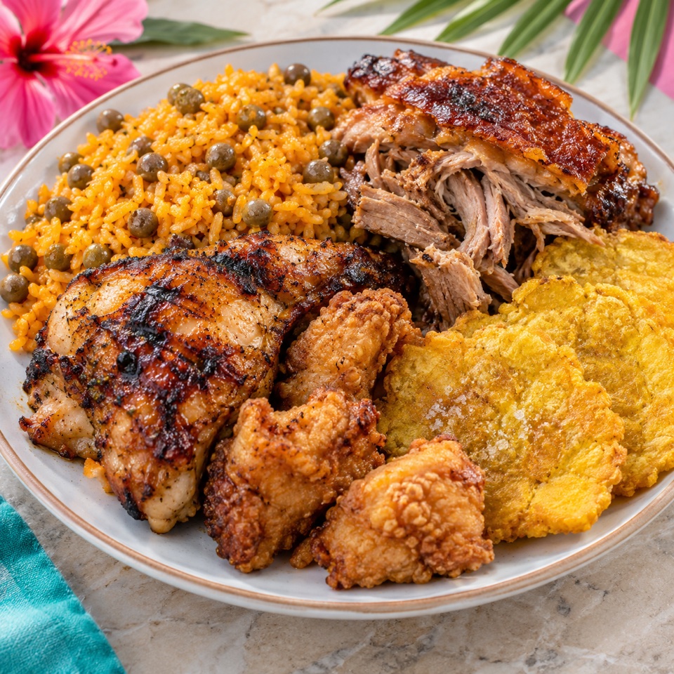 Plate with rice and pigeon peas, roast pork, roast chicken, fried chicken and tostones