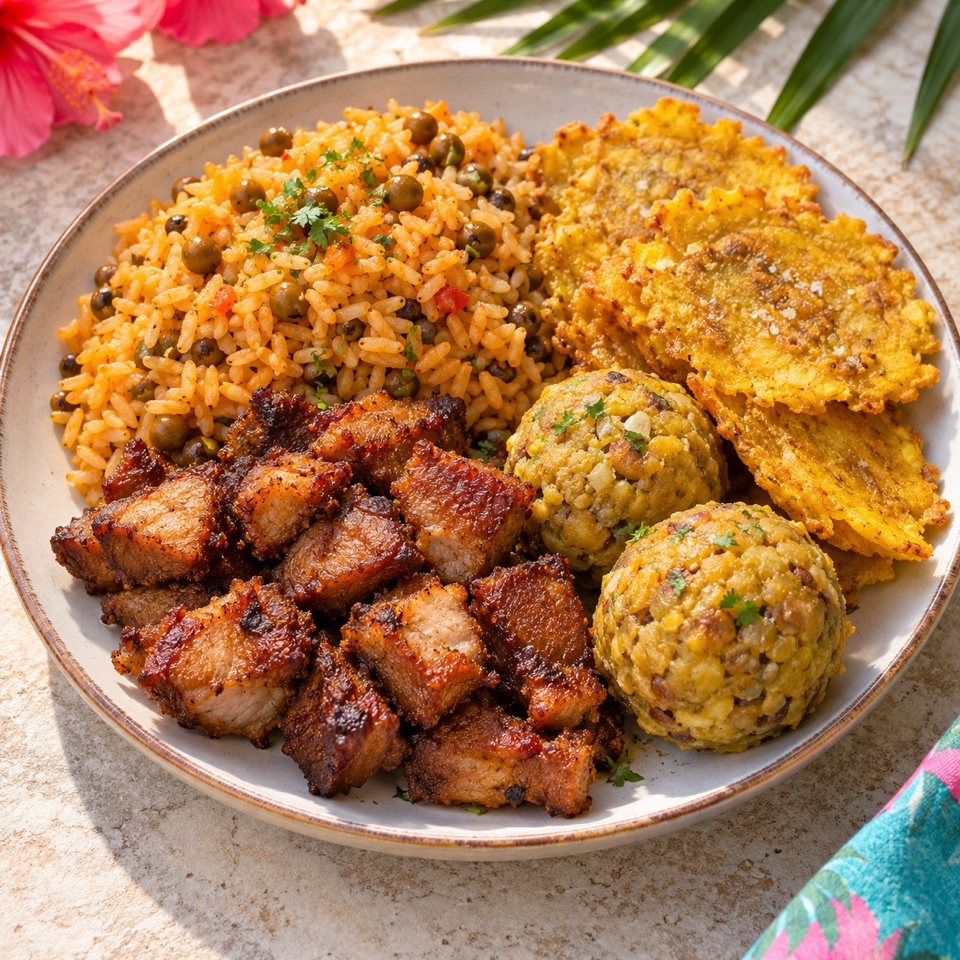 Plate with rice and pigeon peas, fried pork, mofongo balls and tostones