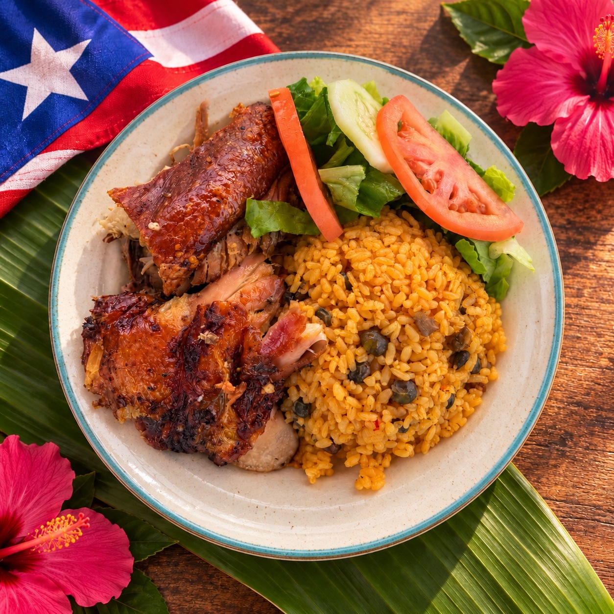 Authentic Con Amor, Coraima plate with roast chicken, rice with pigeon peas and salad