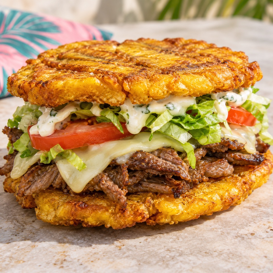 Plantain jíbarito with steak, lettuce, tomato and cheese