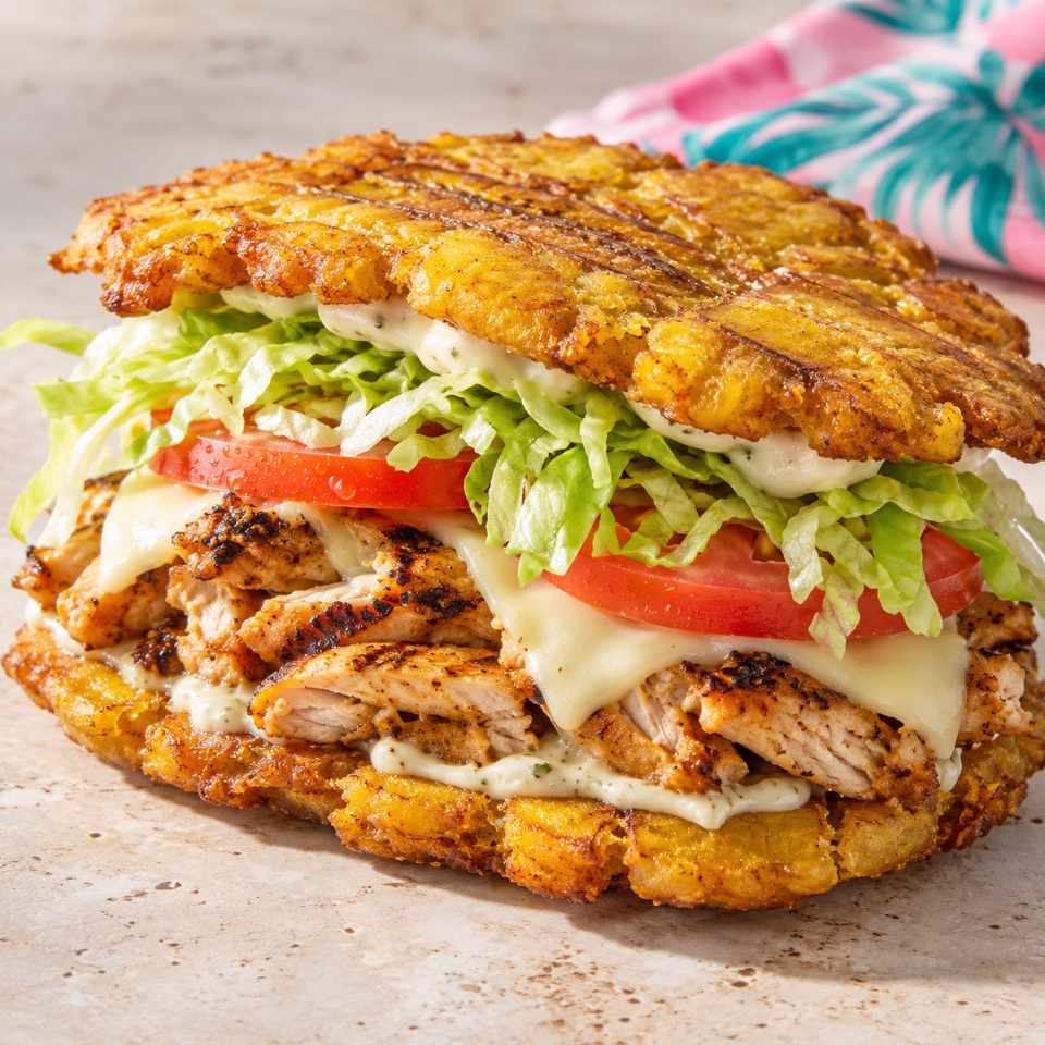 Plantain jíbarito with chicken, lettuce, tomato and cheese