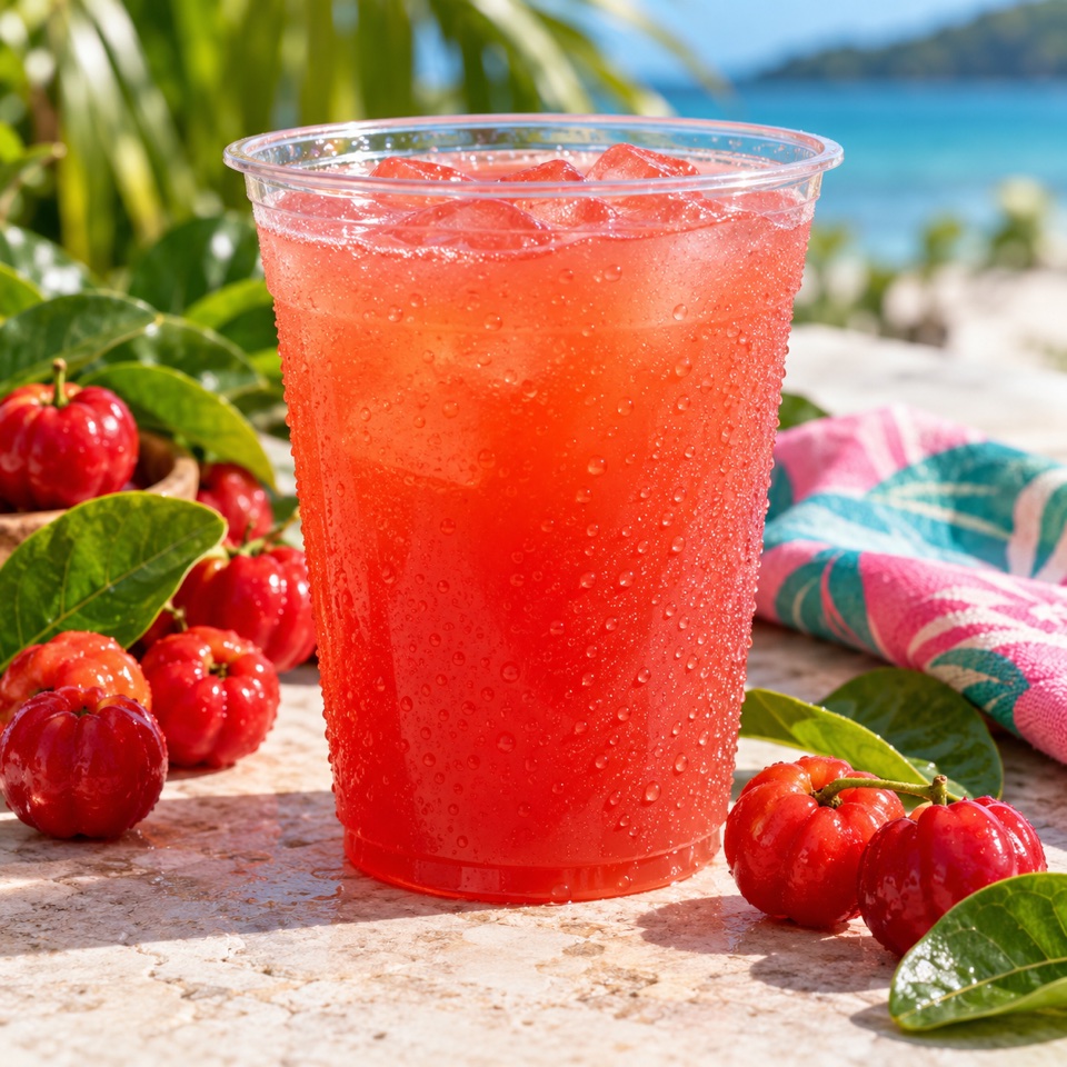 Cold fresh acerola juice with fresh acerola cherries