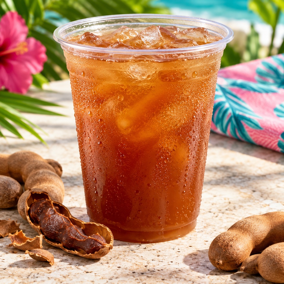 Cold fresh tamarind juice with tamarind pods